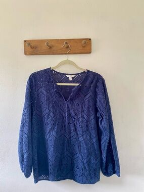 Garnet Hill Navy Eyelet Top, 100 Cotton, M